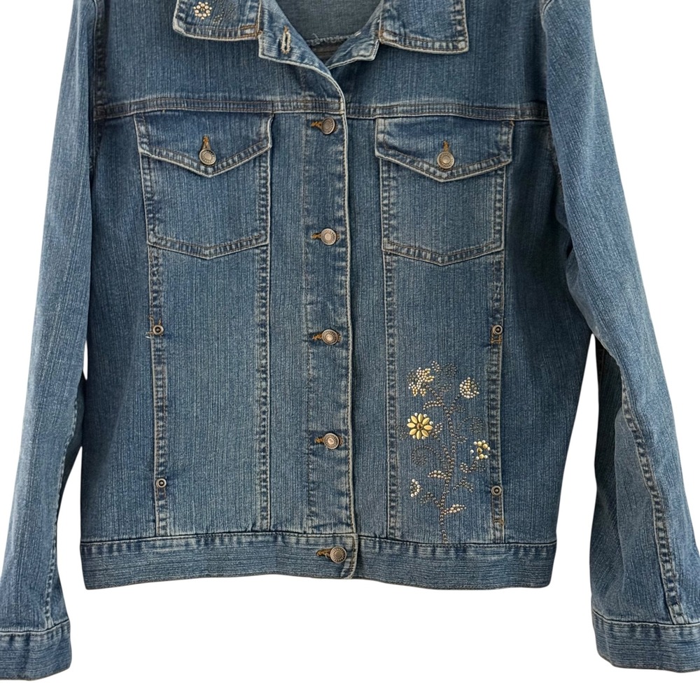 90's Sunburst Denim Jacket Women L Blue Floral Studded Rhinestone Trucker Coat - Picture 14 of 16